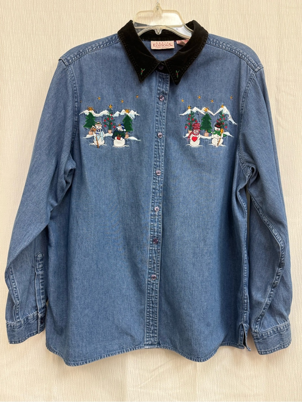 Denim Button-Down Shirt with Festive Snowman Embroidery